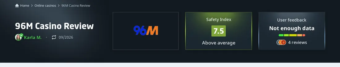 Casino Guru 96M review header with a 7.5 Safety Index rated above average