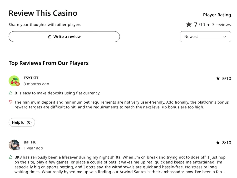 AskGamblers page showing a 7 out of 10 player rating for BK8 and recent reviews