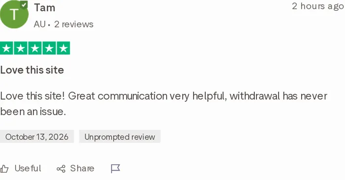 Five-star Trustpilot review saying ECLBET withdrawals have never been a problem