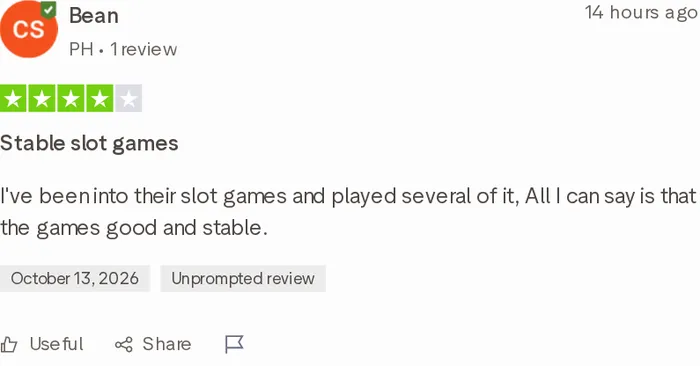 Four-star Trustpilot review describing ECLBET’s slot games as stable