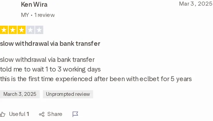 Three-star Trustpilot review about a slower ECLBET bank-transfer withdrawal