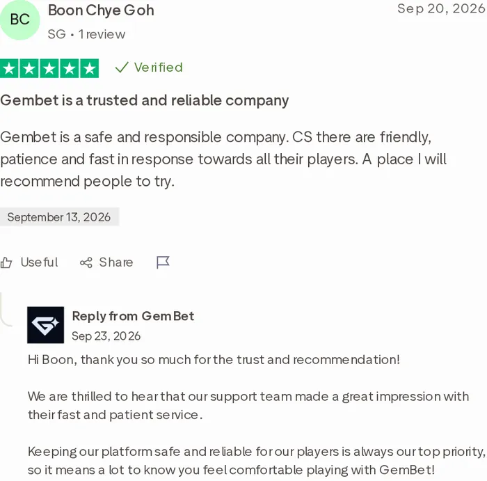 Five-star Trustpilot review praising GemBet’s friendly, fast customer service