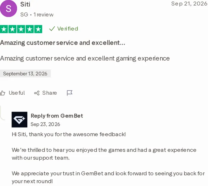 Five-star Trustpilot review of GemBet about customer service and the gaming experience
