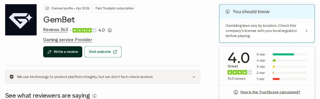 GemBet Trustpilot profile with a 4.0 TrustScore from 363 reviews